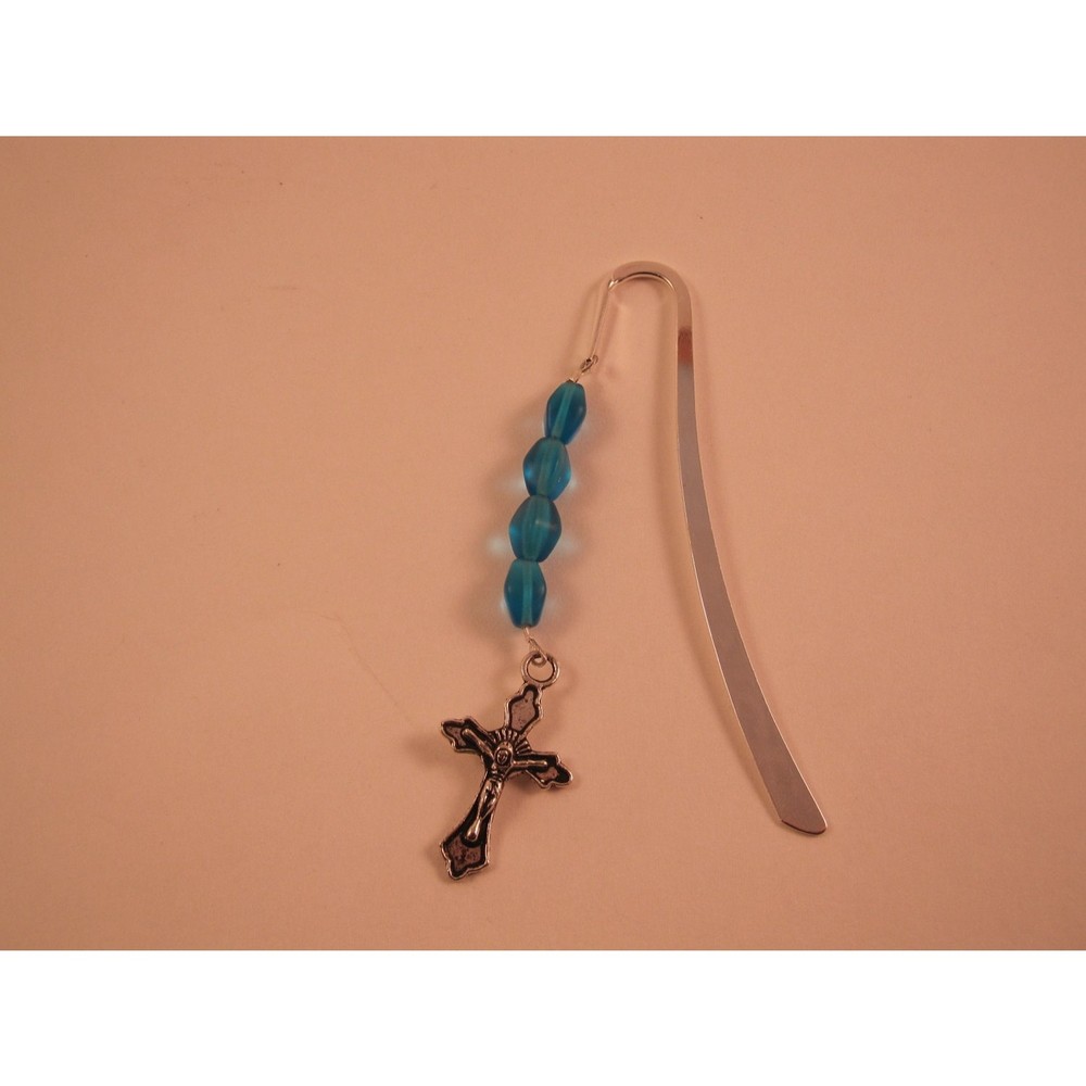 Silverplate Bookmark / Bible mark Blue czech pressed glass
